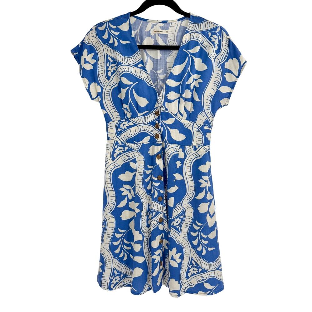 Marine Layer Laney Mini Dress Blue White Floral Smocked Button Front Size XS